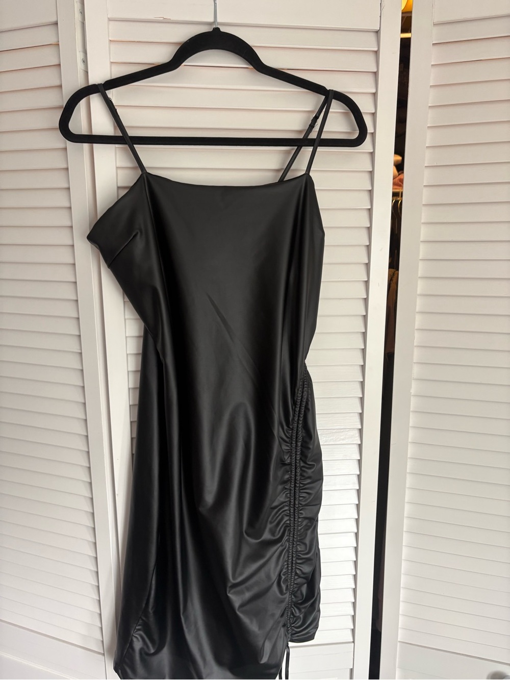 Absolutely Black Faux-Leather Ruched Mini Slip Dress